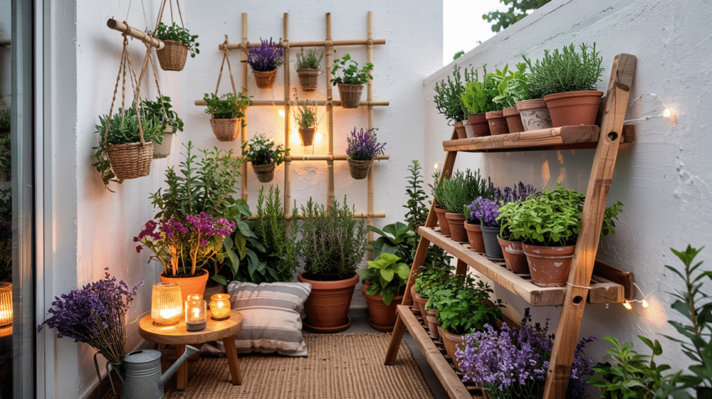 Hanging planters showing balcony garden ideas for small spaces