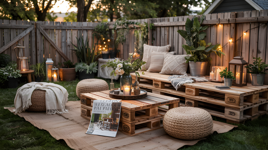 DIY pallet wood deck with seating area — perfect for budget-friendly small backyard patio ideas