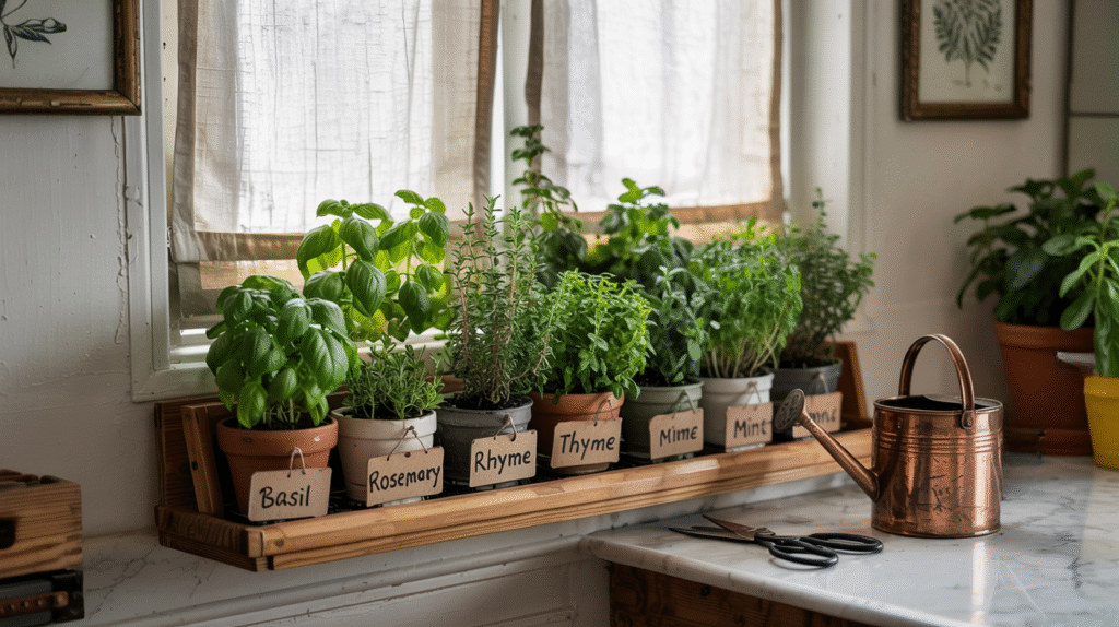 Indoor herb garden setup as part of small space gardening ideas