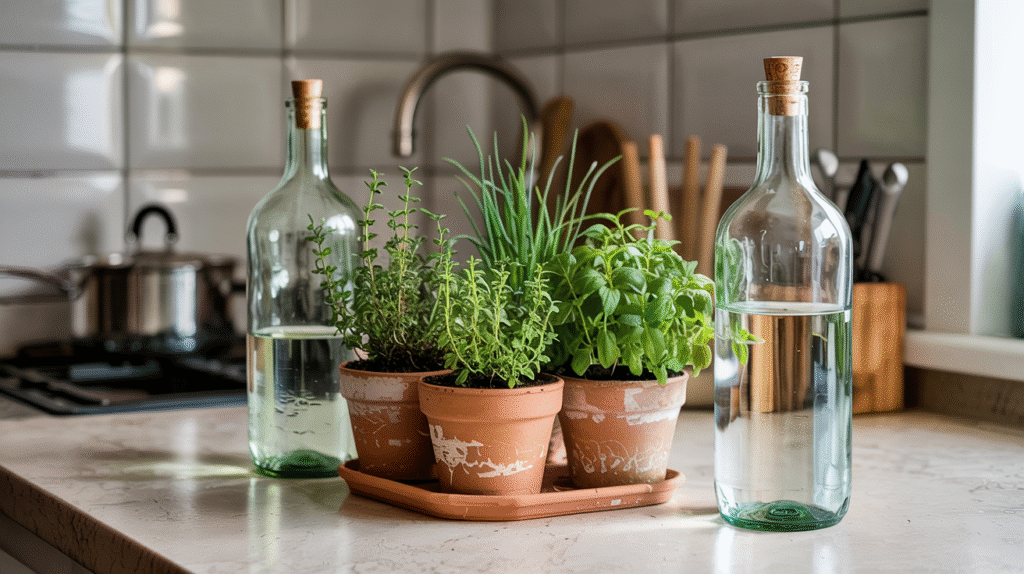 DIY herb garden apartment with self-watering system made from bottle