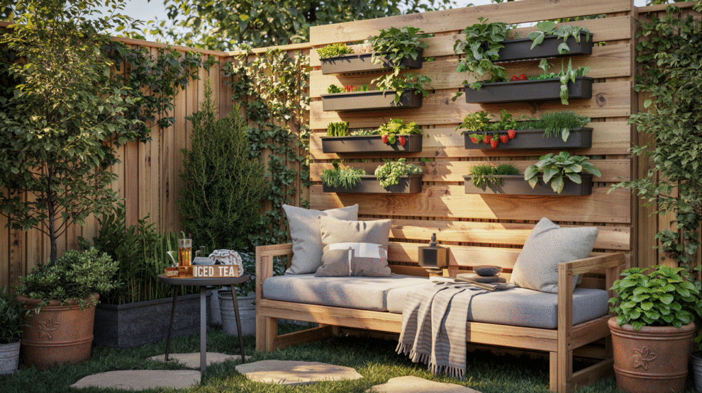 Living wall made of vertical planters with herbs — space-saving small backyard patio ideas for privacy and greenery