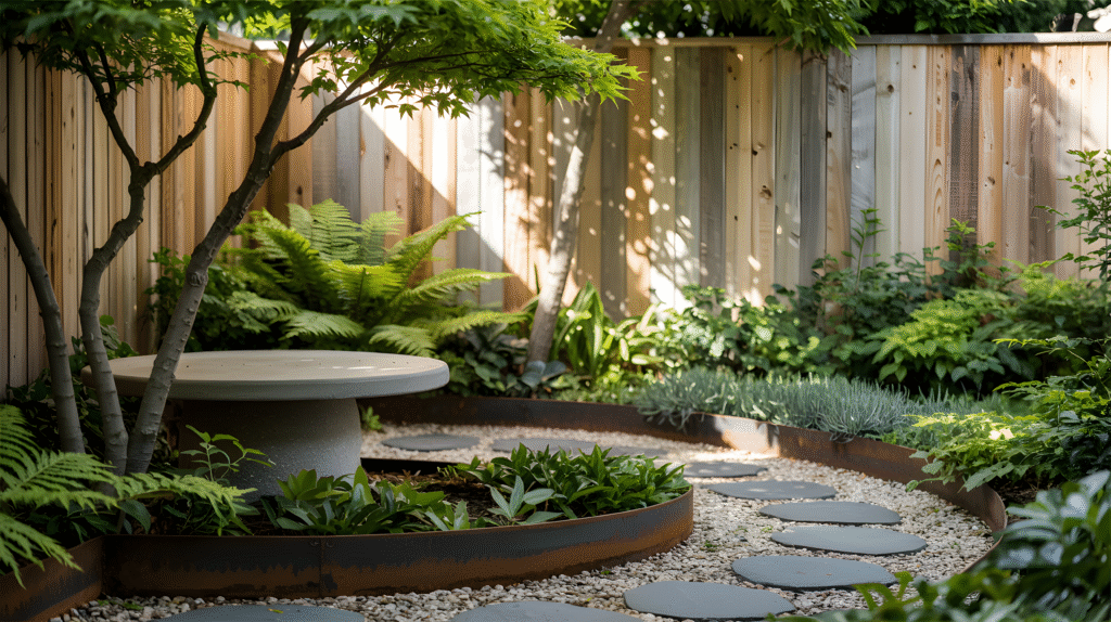 single focal point water feature in a serene garden