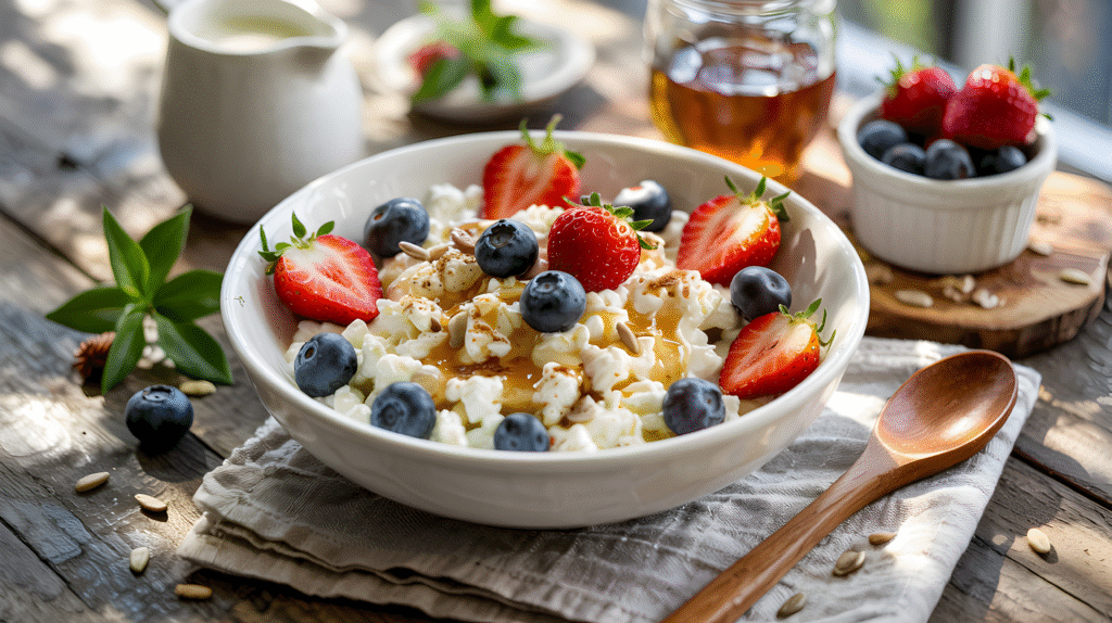 Cottage cheese bowl topped with pineapple chunks – light and easy breakfast

