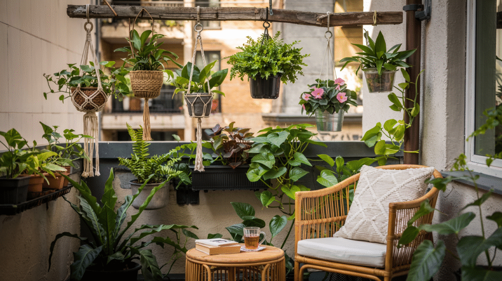 Balcony garden ideas blending plants with cozy seating in a small space
