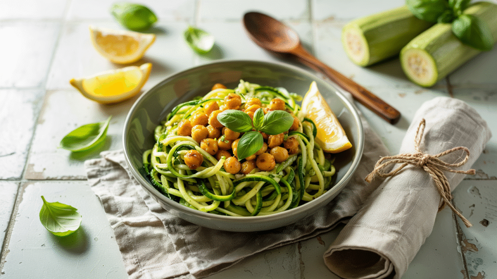 zucchini noodles with shrimp and pesto