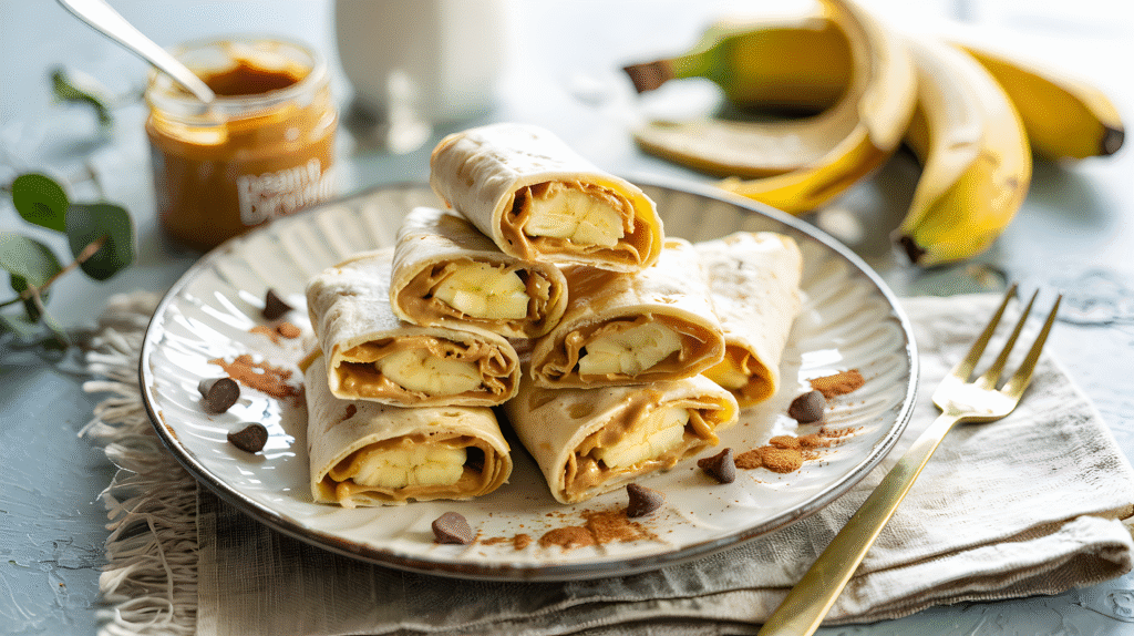Banana peanut butter wrap sliced into bites – kid-friendly easy breakfast