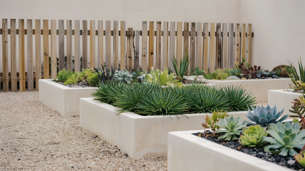 black cement pots in a modern outdoor layout
