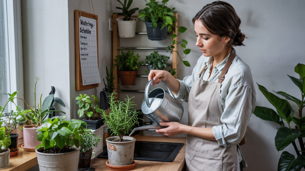 Beginner indoor plant care with watering schedule in small space gardening