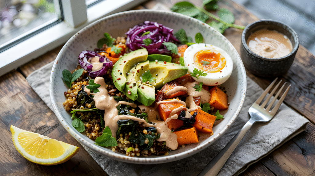 warm quinoa bowl with roasted veggies