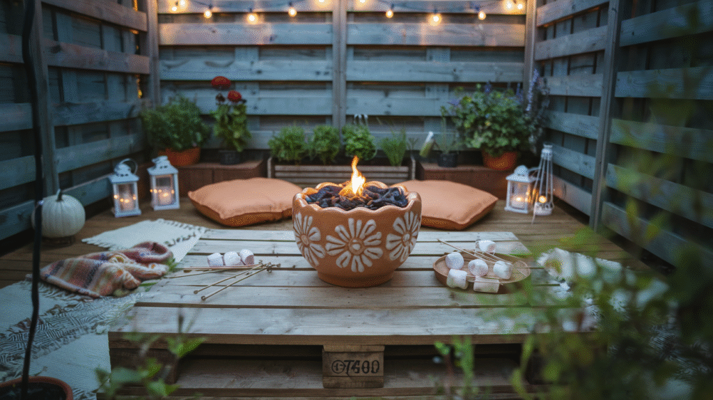 Mini fire pit made from ceramic planter on gravel patio — cozy DIY small backyard patio ideas