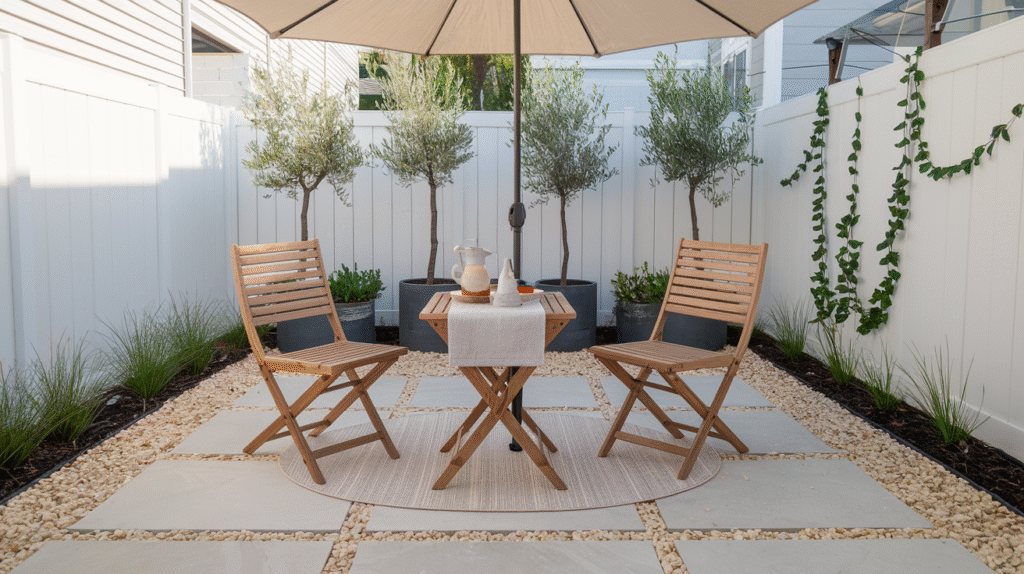Teak foldable patio furniture set on a small deck — practical and elegant small backyard patio ideas