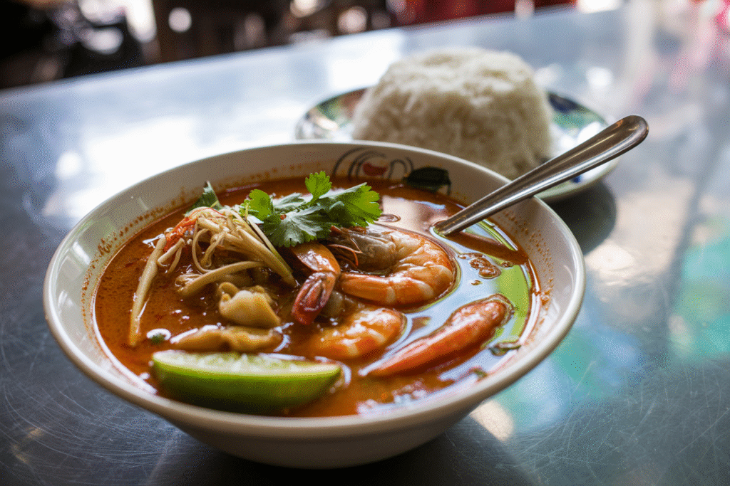 Spicy Tom Yum Goong soup with prawns and herbs – iconic Thai street food dishes