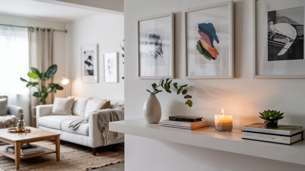 apartment decorating without damage using Command strips to hang art