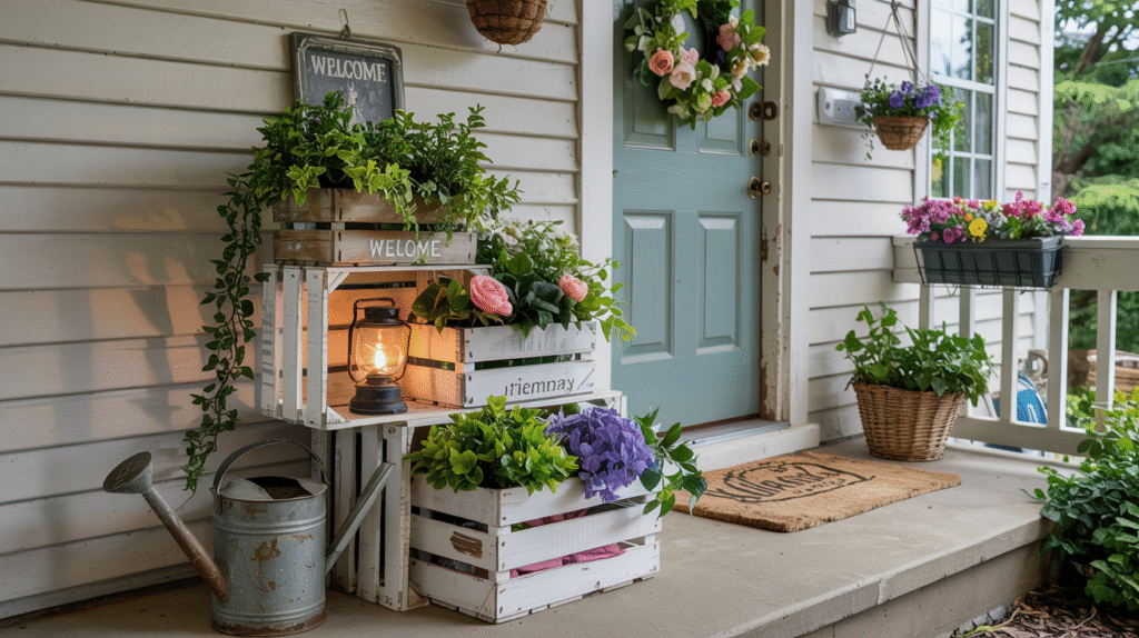 DIY front door planter made from stacked painted wooden crates with flowers
