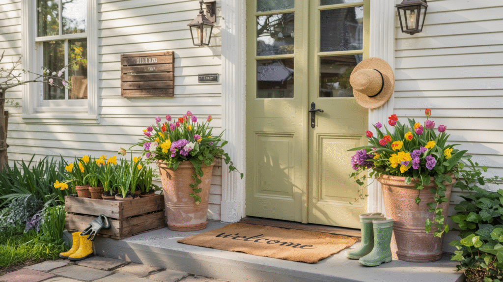 colorful seasonal front door planters with fall mums and pumpkins