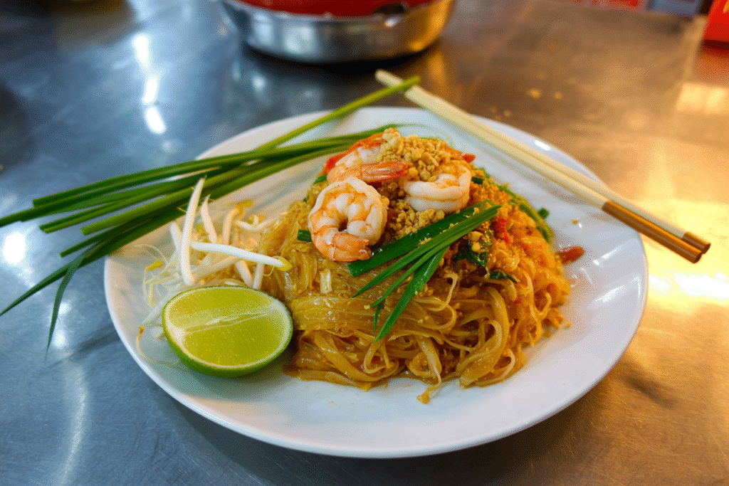Pad Thai noodles with shrimp and lime – classic Thai street food dishes favorite