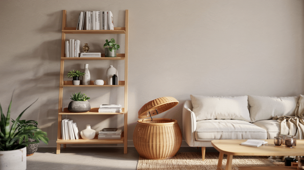 temporary home decor solutions with rattan storage ottoman and rolling shelf