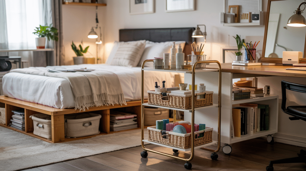 temporary home decor solutions with rattan storage ottoman and rolling shelf