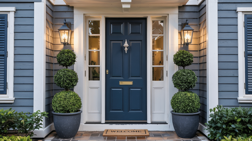 front door planter ideas with symmetrical evergreen pots on each side of entryway