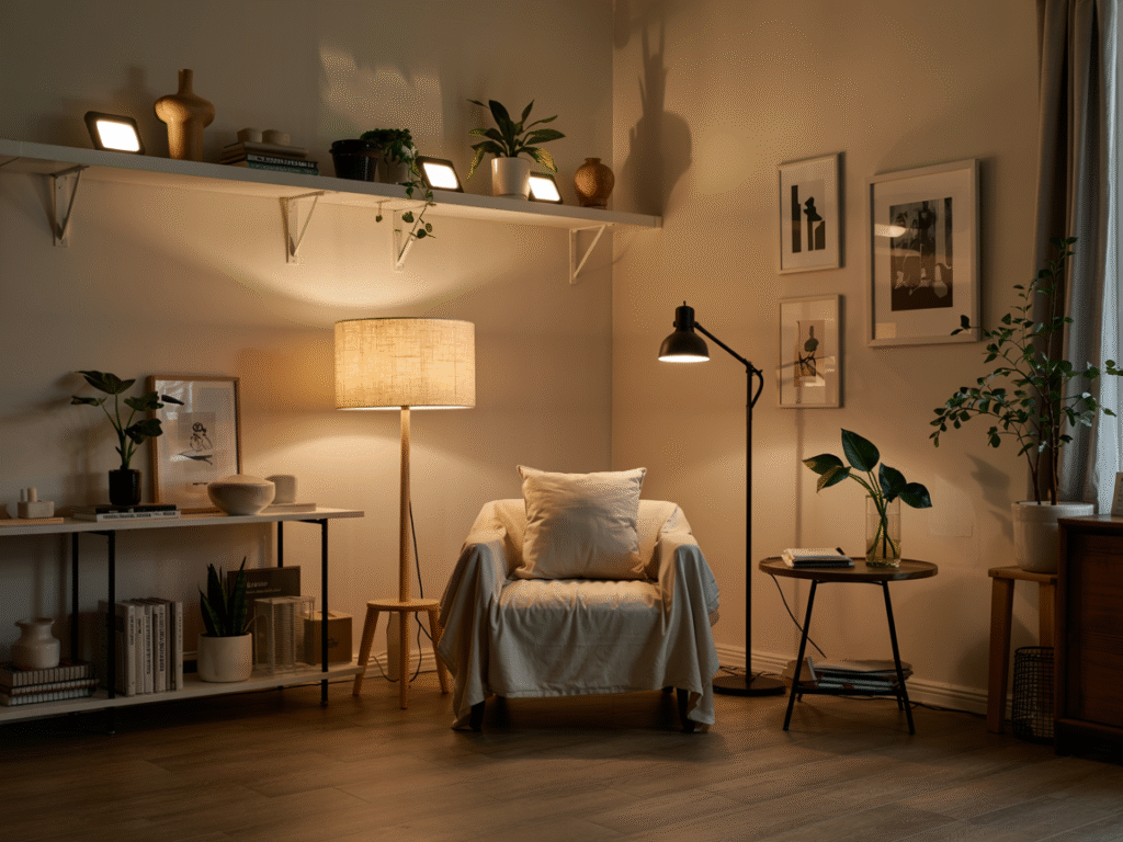 temporary home decor lighting using floor lamps and plug-in sconces