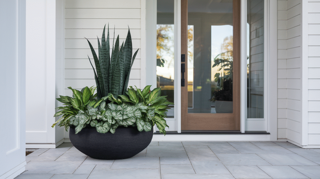 sustainable front door planters with snake plant and trailing pothos