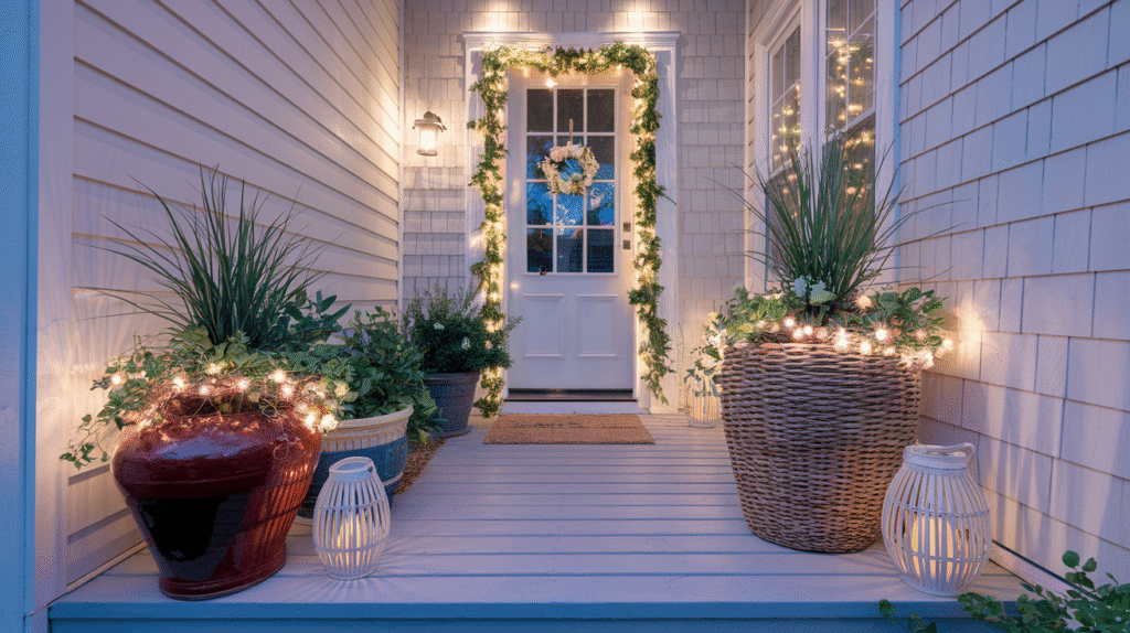 front door planter ideas with twinkle lights and layered decor accents