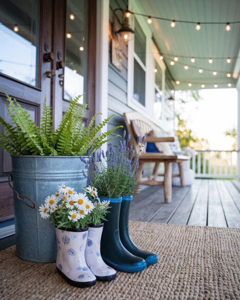 DIY front door planters using repurposed metal buckets and rain boots
