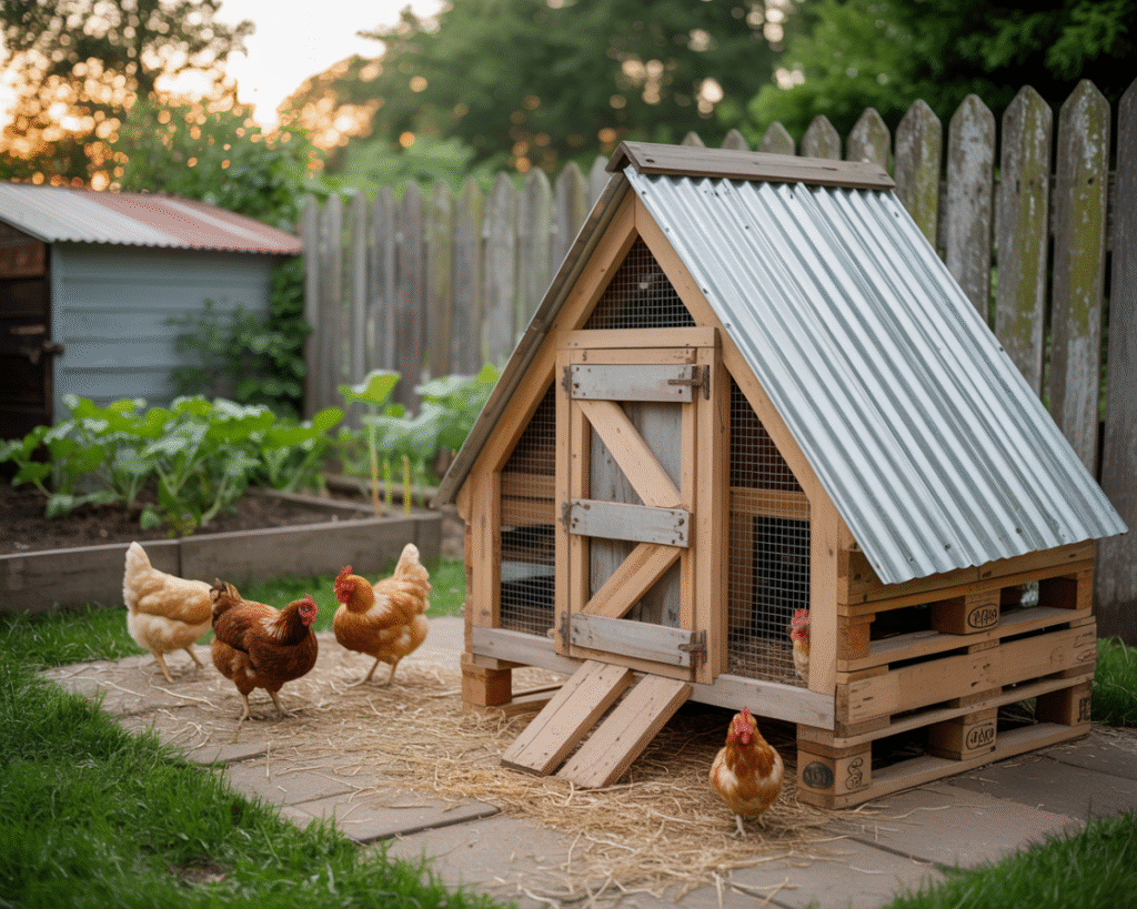 DIY chicken coop made from recycled wood and old window frames