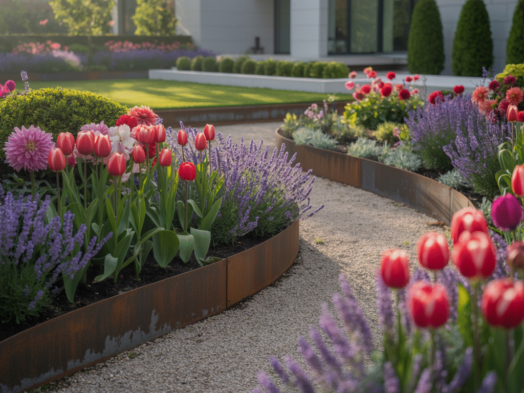 professional landscaping with mixed material edging

