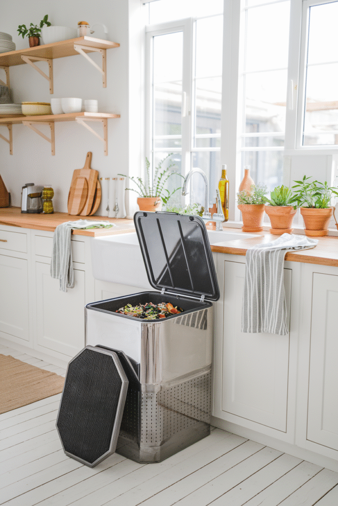 Step-by-step visual guide showing indoor composting tips with labeled food waste.

