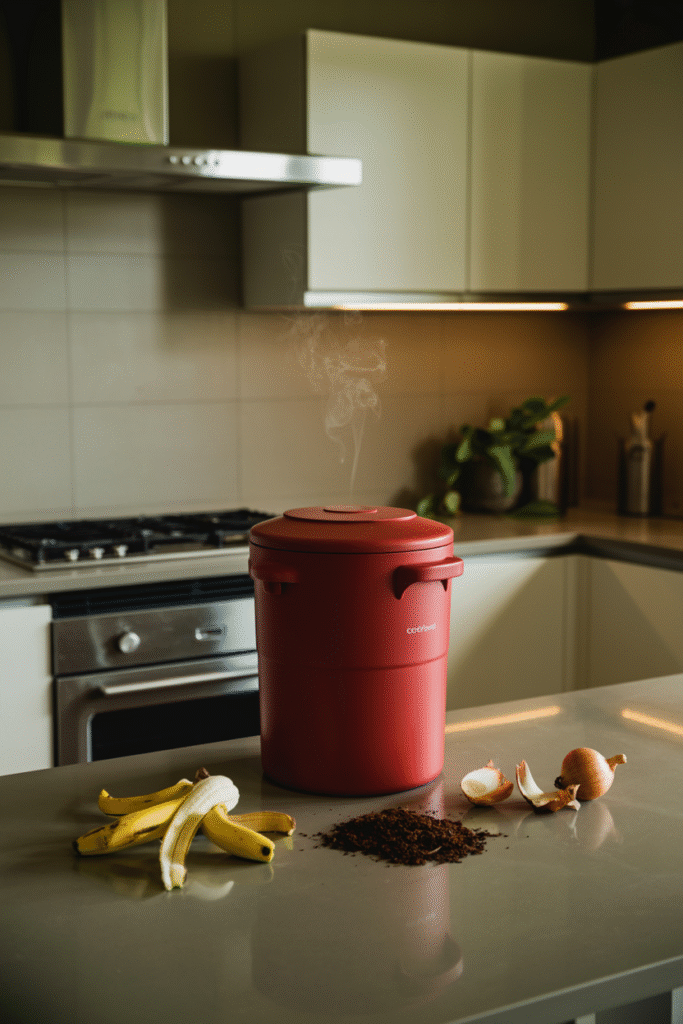 Compact kitchen compost bin with odor control lid placed under the sink.

