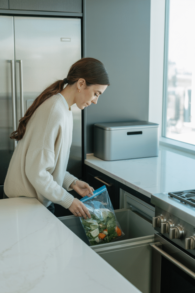 Modern stainless steel compost bin designed for daily kitchen use on countertop.

