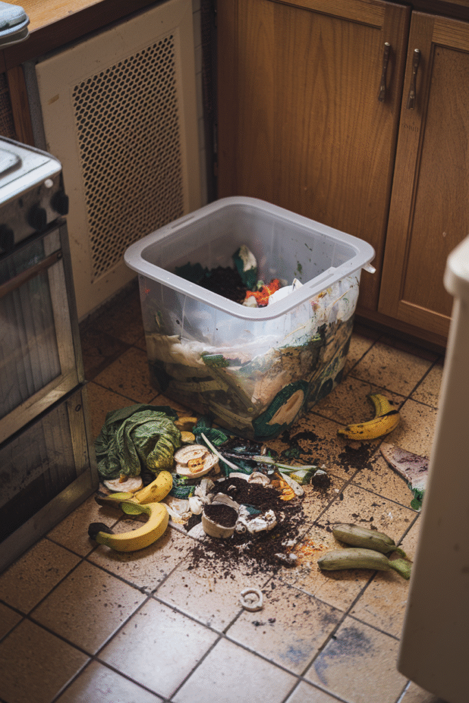 Overflowing compost bin with lid open and visible food scraps causing strong smell.

