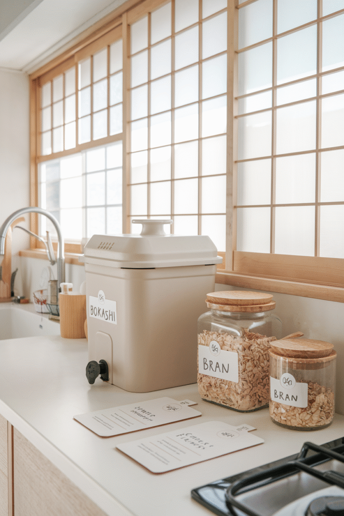 Modern stainless steel compost bin designed for daily kitchen use on countertop.

