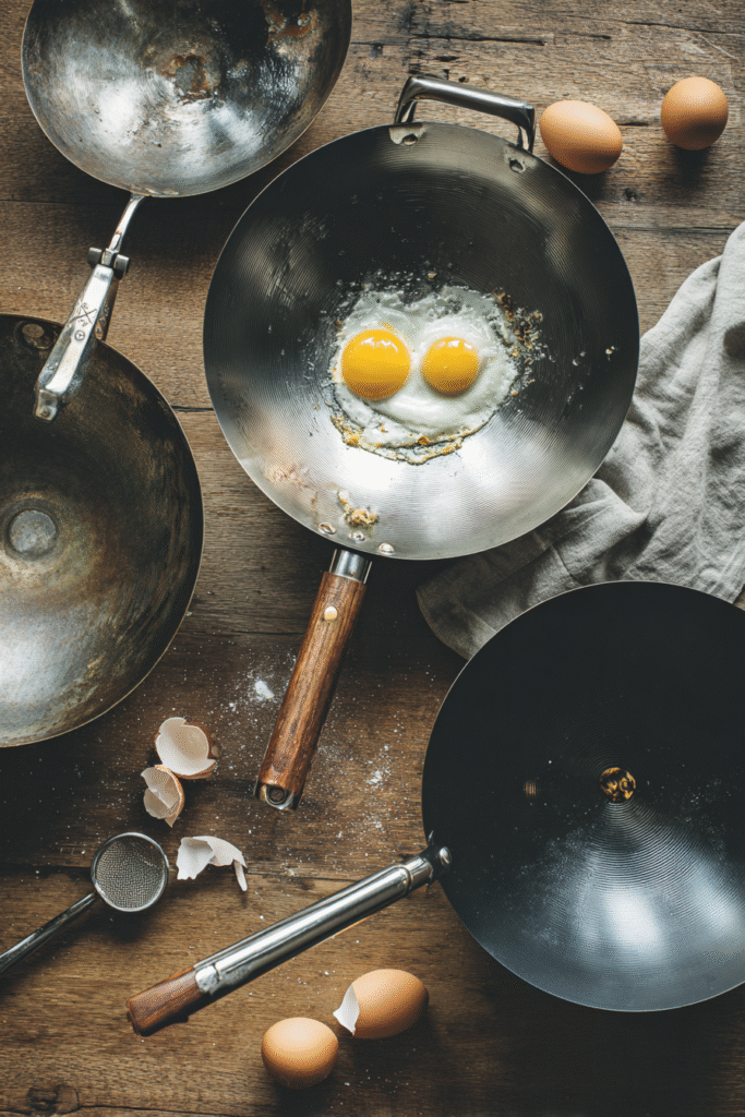 Wide-angle image of a Scandinavian-style kitchen with a nonstick wok with lid placed neatly beside fresh herbs, eggs, and wooden utensils. A stylish and practical setting for using the best nonstick wok for eggs that’s also lightweight and durable.