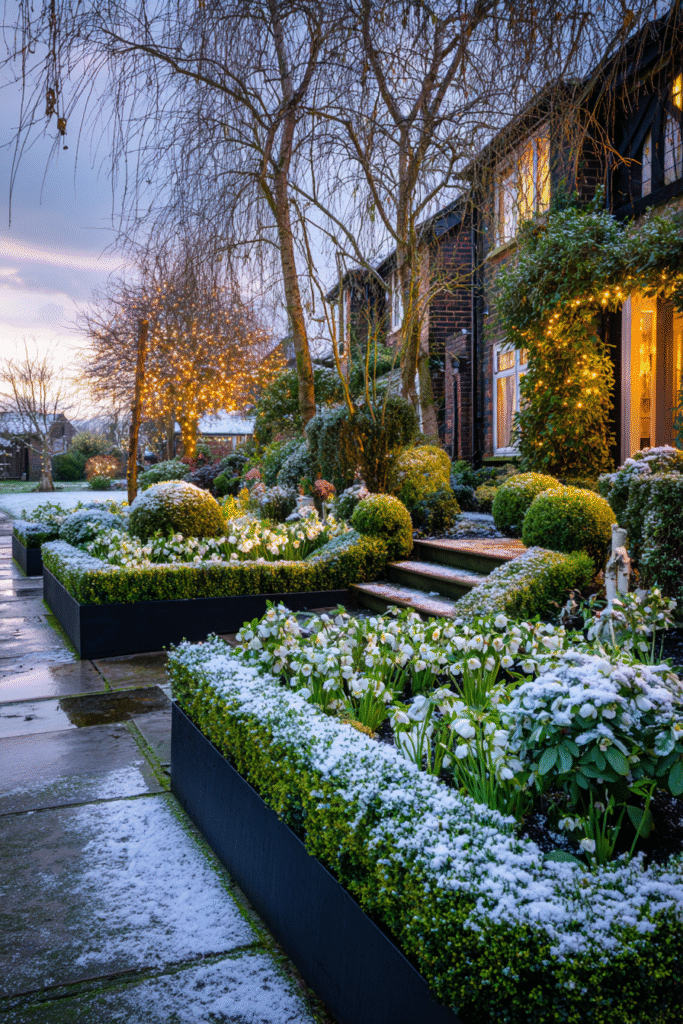 A crisp winter garden scene featuring a low boxwood hedge dusted with snow, black metal edging absorbing sunlight, and decorative birch logs with evergreen cuttings and fairy lights woven throughout the border.