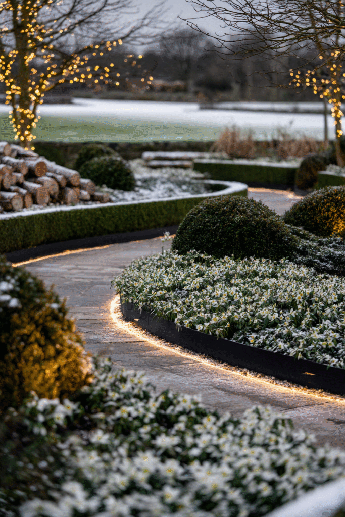 A crisp winter garden scene featuring a low boxwood hedge dusted with snow, black metal edging absorbing sunlight, and decorative birch logs with evergreen cuttings and fairy lights woven throughout the border.