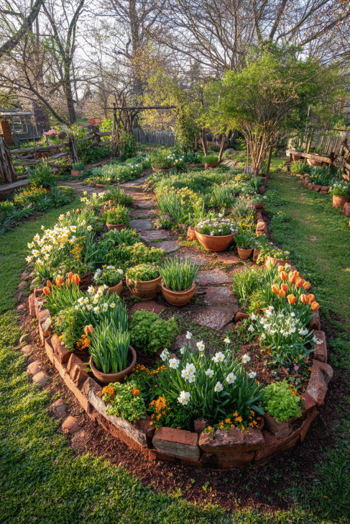 A wide-angle garden view showcasing whimsical spring flower borders with broken terra cotta pots lining curved edges, surrounded by tulips and new green growth in a sunlit, magazine-style setting.