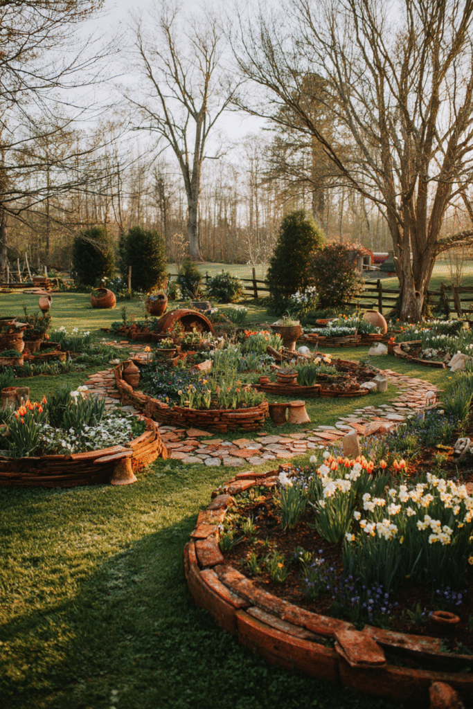 A wide-angle garden view showcasing whimsical spring flower borders with broken terra cotta pots lining curved edges, surrounded by tulips and new green growth in a sunlit, magazine-style setting.