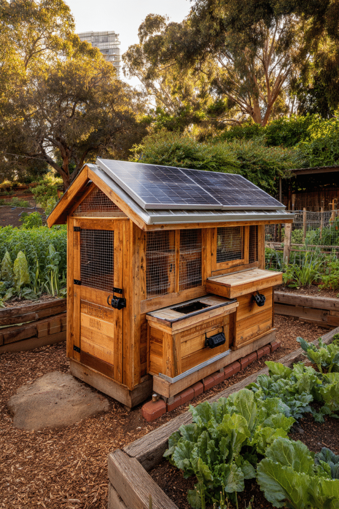 Inside view of chicken coop with nesting boxes and roosts – easy clean chicken coop

