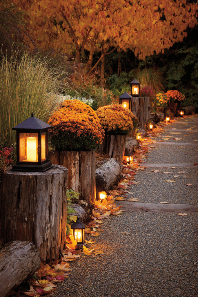 A cozy fall garden path lined with hay bales filled with orange mums and cabbages. Wooden log edging surrounds ornamental grasses, and warm solar lanterns provide a golden twilight glow in this autumn-themed garden.