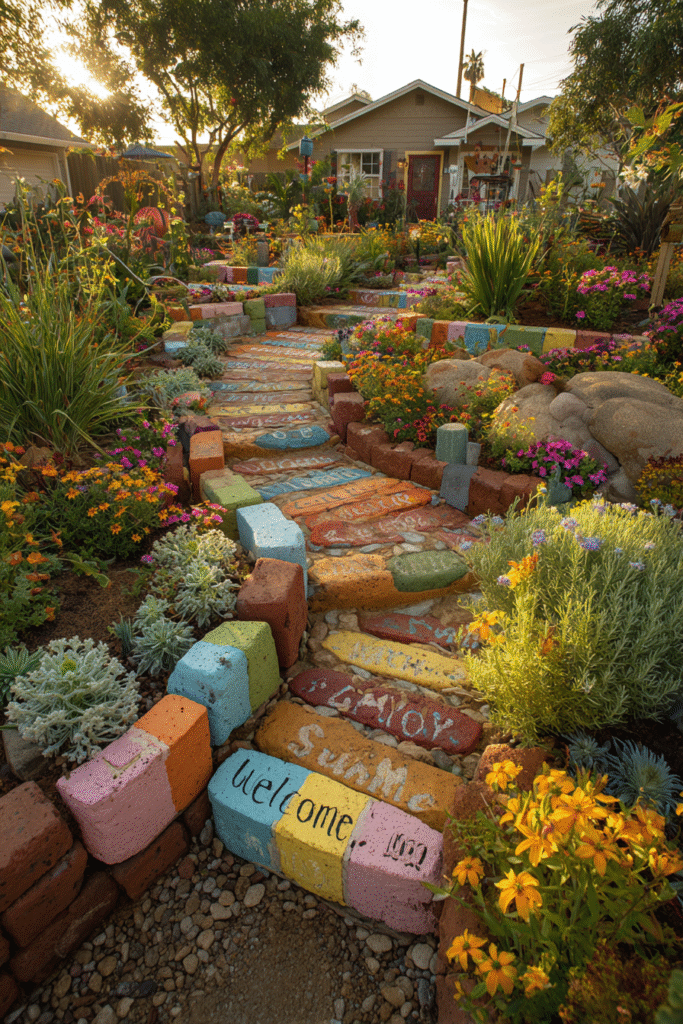 Editorial-style photo of a lush summer garden with layered repurposed bricks forming drought-resistant borders. Succulents grow in recycled cinder blocks, and pastel beach stones spell out “Welcome Summer” along the edge.