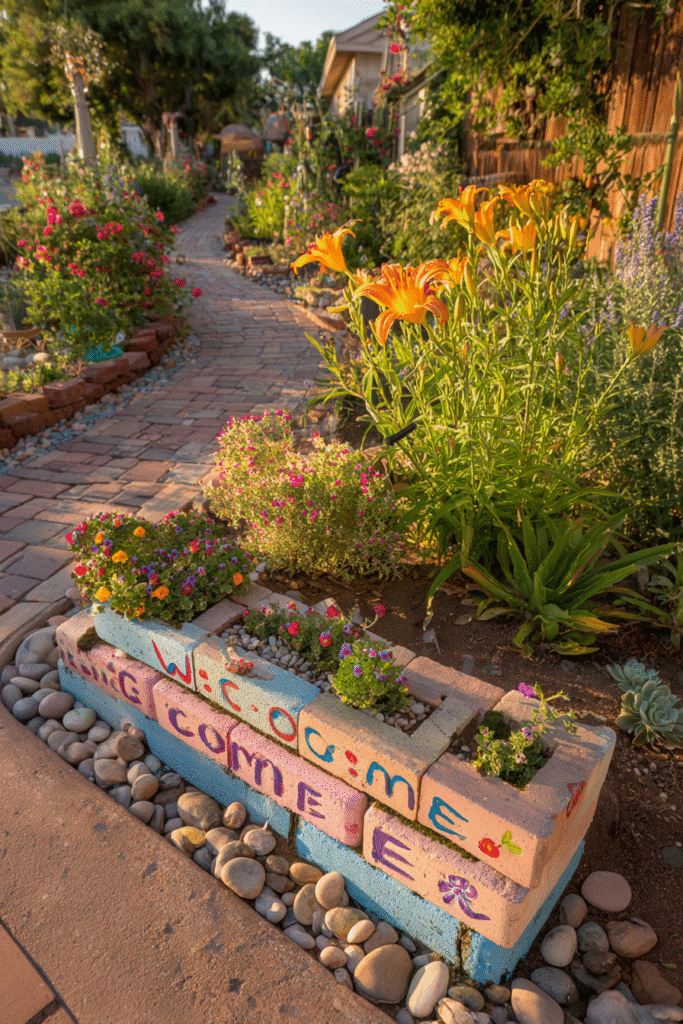 Editorial-style photo of a lush summer garden with layered repurposed bricks forming drought-resistant borders. Succulents grow in recycled cinder blocks, and pastel beach stones spell out “Welcome Summer” along the edge.