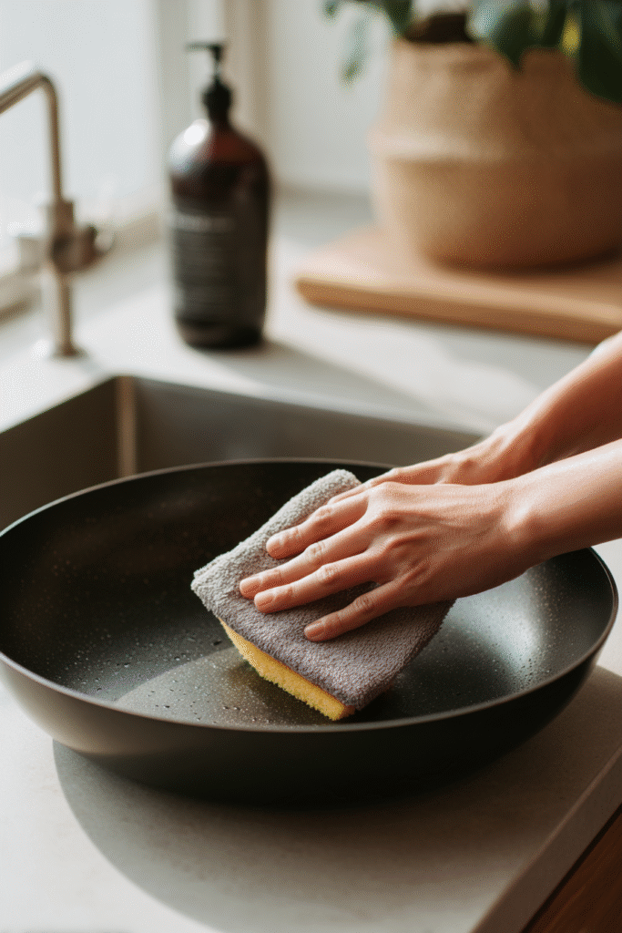 Editorial close-up of hands gently wiping an easy to clean nonstick wok with a soft cloth in a stainless steel sink setup. A clean kitchen environment promotes longevity for the best nonstick wok for eggs used every day.