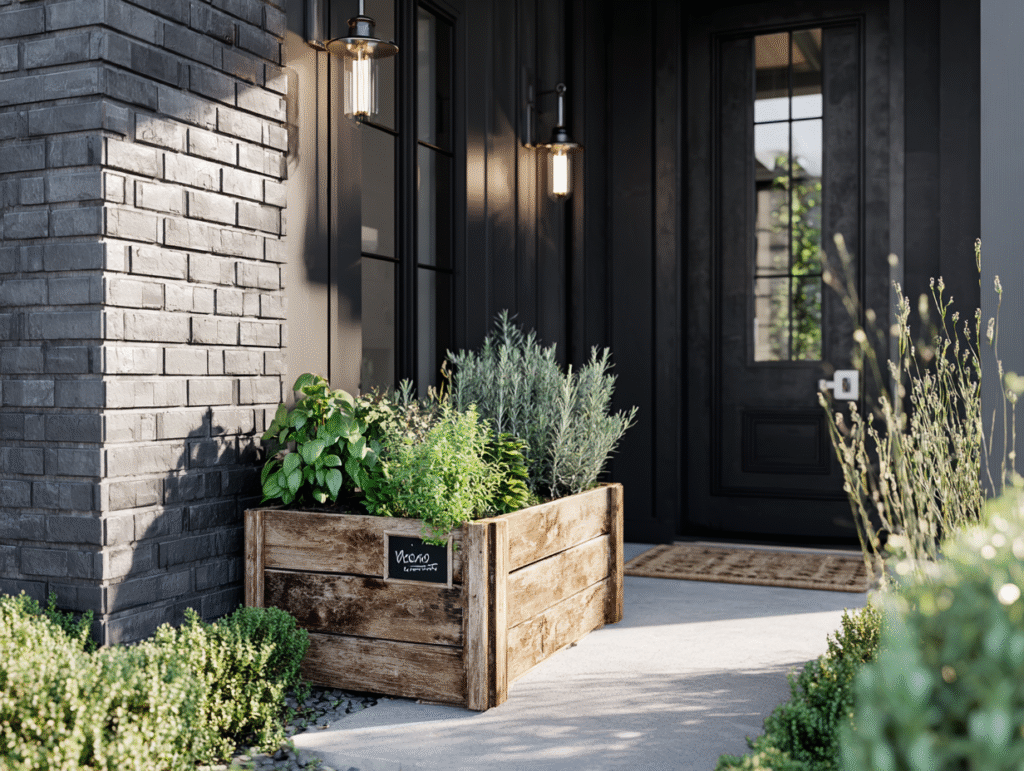 Wooden crate planter with herbs and flowers, adding rustic farmhouse charm to an outdoor patio space.

