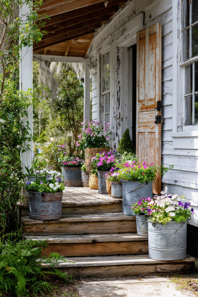 Rustic outdoor planter made from a repurposed metal bucket and woven basket, styled with blooming flowers for vintage charm.