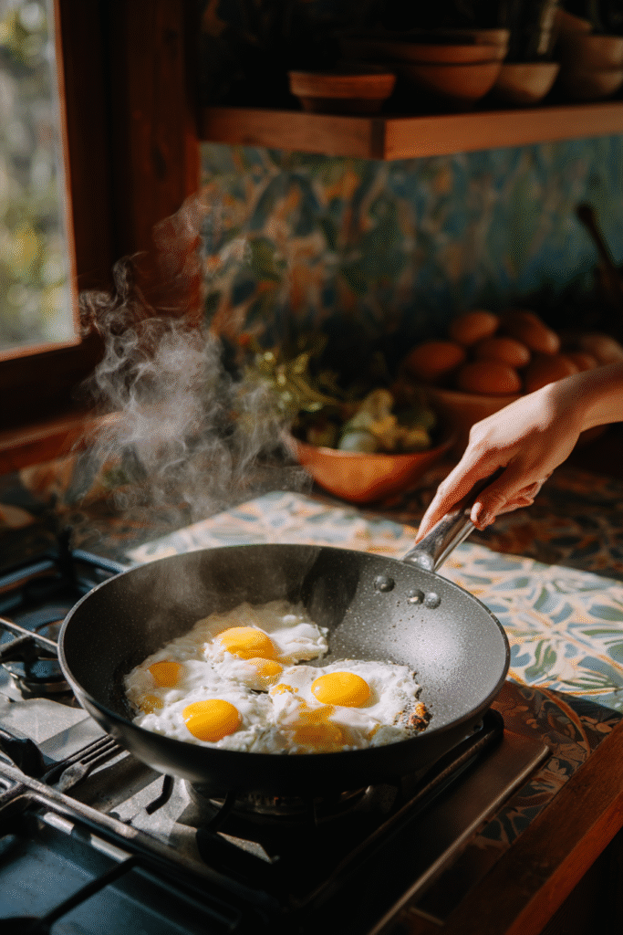 Hands stir-frying colorful vegetables in a lightweight wok for quick cooking, with steam rising over a gas flame. Captured in a wide-angle magazine-style image showing the best nonstick wok for eggs in a modern kitchen, perfect for daily use.