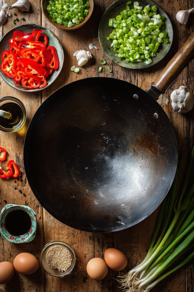 Top-down view of a nonstick wok with lid surrounded by prepped ingredients like eggs, garlic, peppers, and soy sauce on a wooden counter. The image highlights a durable wok for daily use, perfect for home cooks seeking the best nonstick wok for eggs.