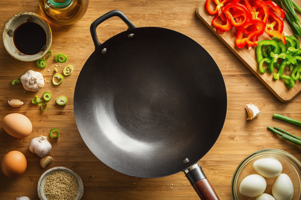 Wide-angle photograph of a Scandinavian-style kitchen with a wok placed on a wooden counter near herb pots and kitchen tools, with natural light highlighting the clean and cozy setting.