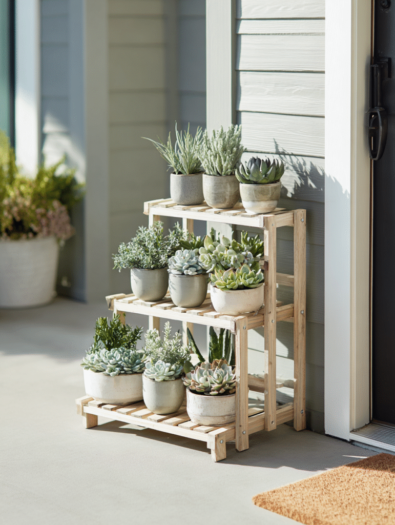 Wooden DIY tiered plant stand on a small rental entryway, styled with flowers and herbs—perfect renter-safe vertical planter stands that require no wall installation.
